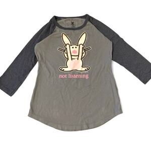 Jim Benton Happy Bunny Y2K Glitter Bunny Baseball Tee Gray White Size Large